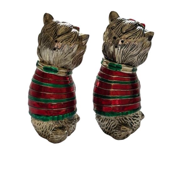 Yorkie Dogs Silver Metal Salt Pepper Shakers Green Red Enamel Sweaters Yorkshire - Picture 3 of 10